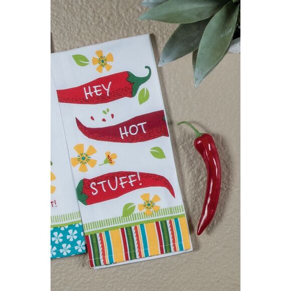 Hey Hot Stuff Chili Peppers Kitchen Tea Towel - Picture 2 of 5